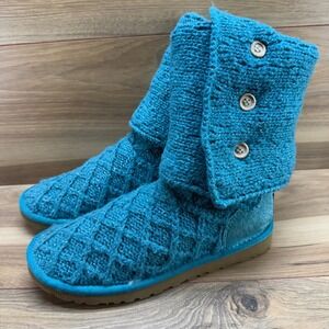 UGG Lattice Cardy‎ Teal Shimmer Womens 6 Sweater Knit Pull On Boots Button